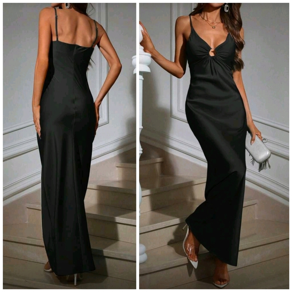 New Satin Cami Maxi Slip Dress Keyhole Neckline Black